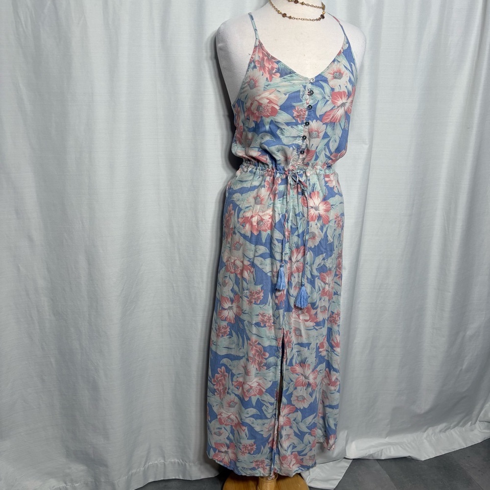 Rip Curl Floral Maxi Dress Boho Beach Vacation Summer Button Down Slit Size M - Picture 2 of 11